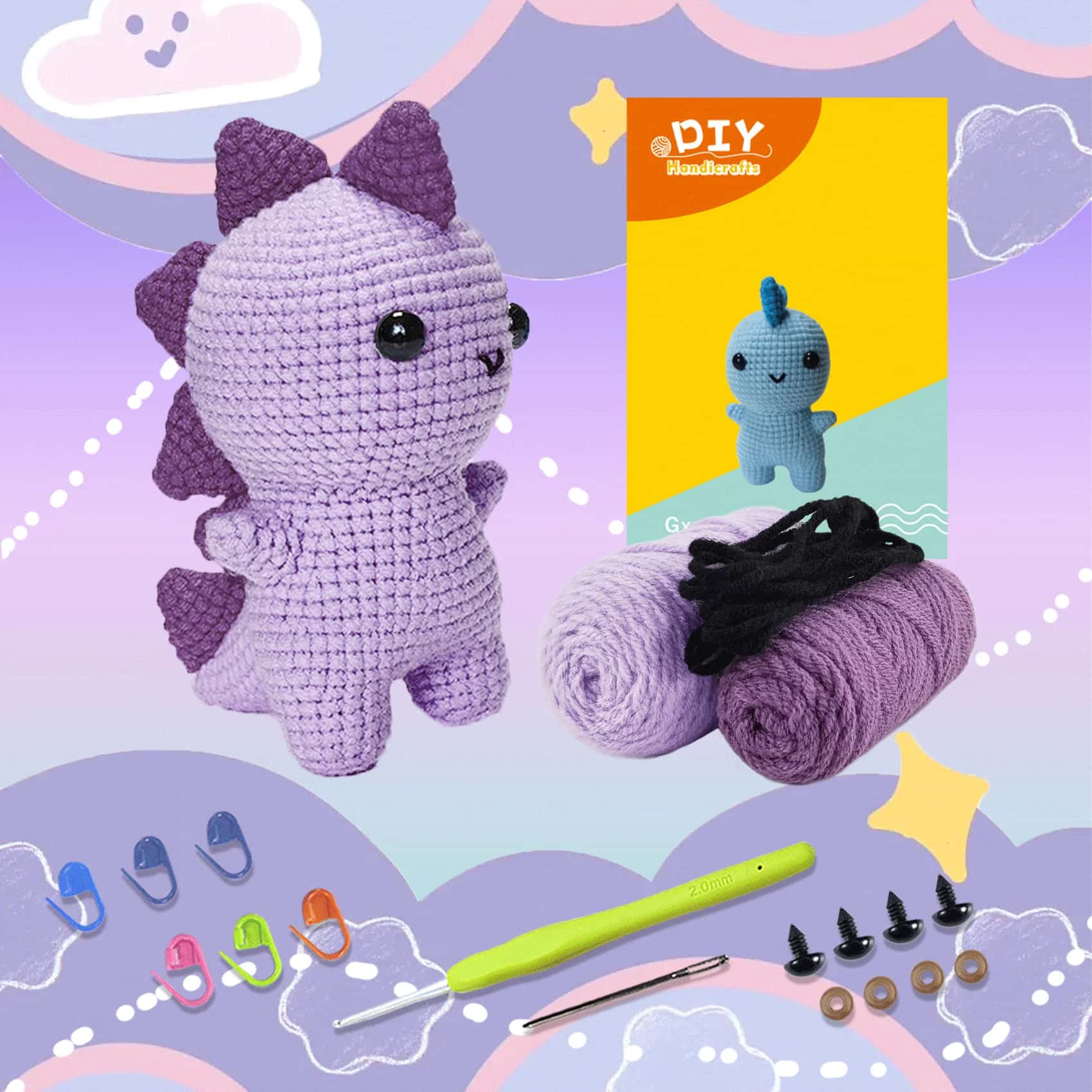 DIY Crochet Kit for Beginners - Purple Dinosaur Amigurumi Starter Set with Yarn, Hook and Safety Eyes