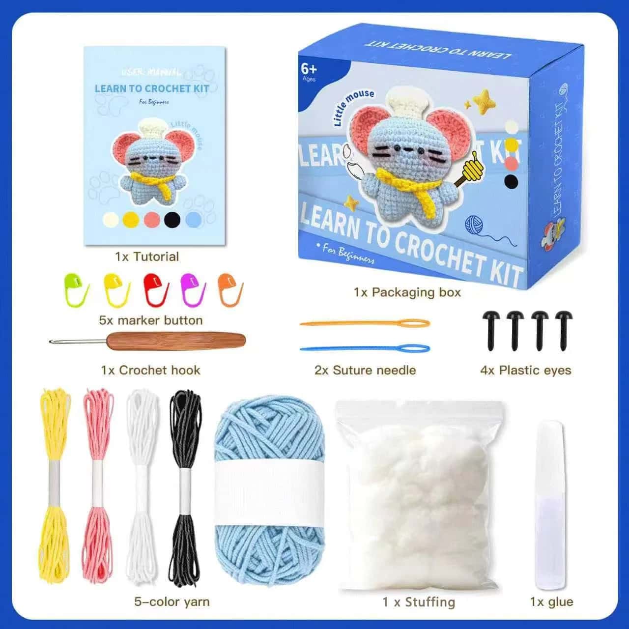 Learn to Crochet Kit for Beginners - Little Mouse Amigurumi with Chef Hat and Scarf, Ages 6+