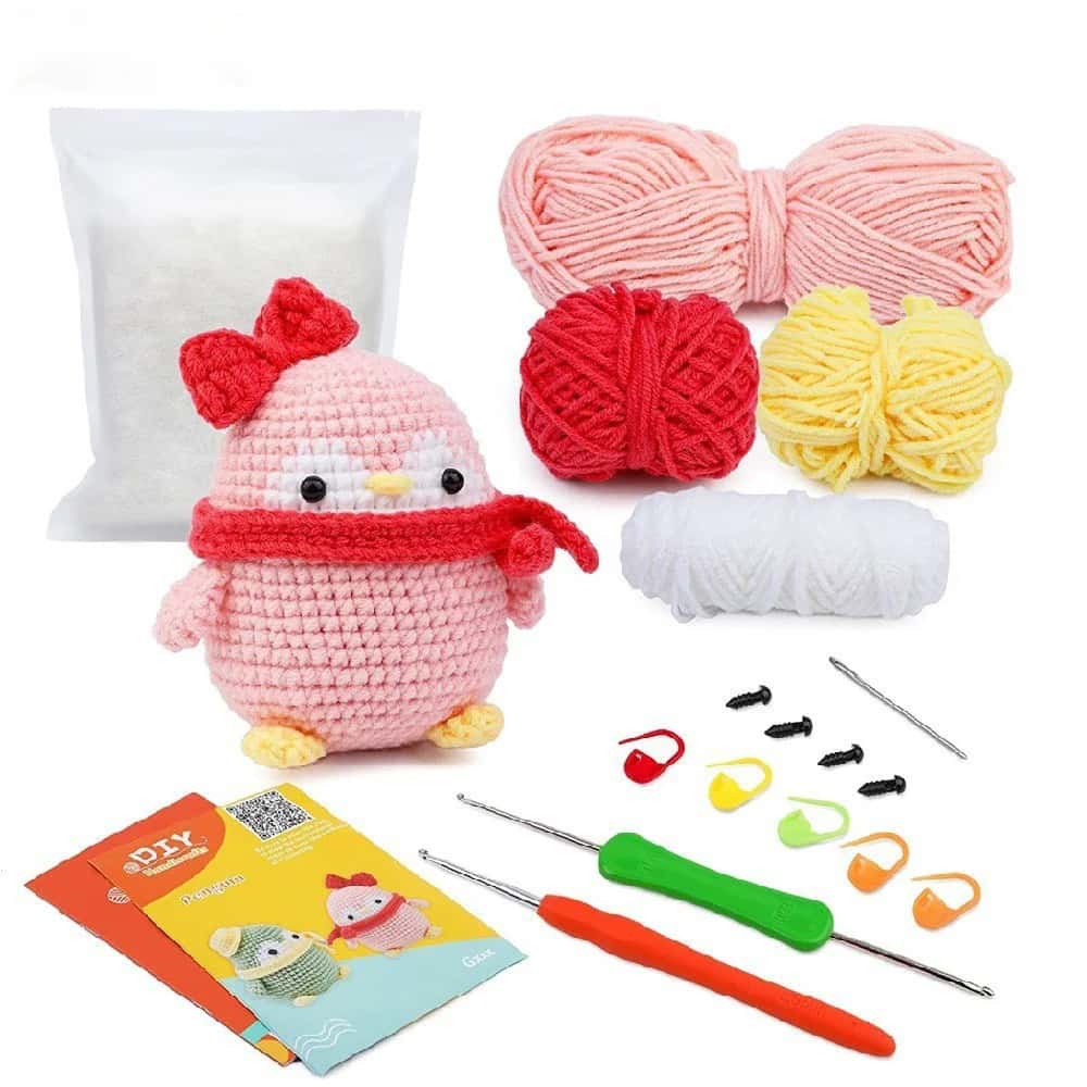 DIY Crochet Kit for Beginners - Pink Penguin Amigurumi Plush Kit with Bow and Scarf