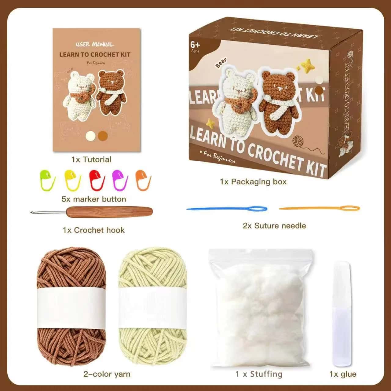 Learn to Crochet Kit for Beginners - Cream and Brown Bear Amigurumi Duo Set, Ages 6+