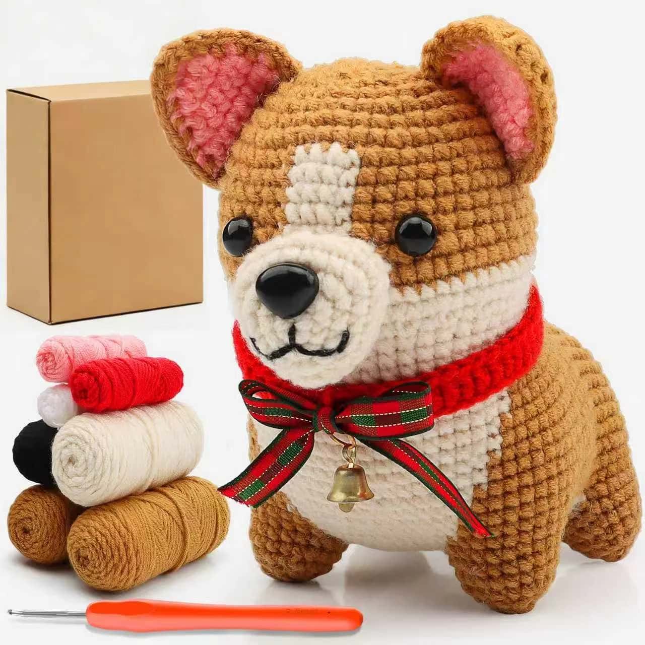 DIY Crochet Kit for Beginners - Corgi Amigurumi with Plaid Bow and Bell Collar