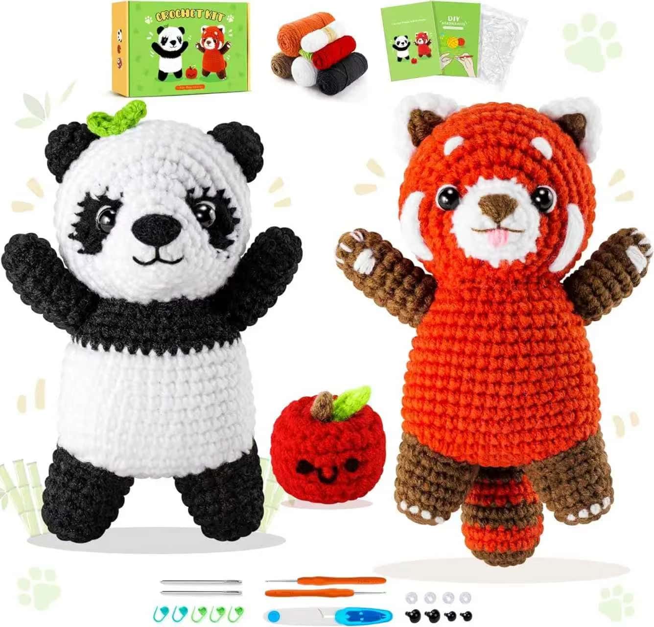 DIY Crochet Kit for Beginners - Panda and Red Panda Amigurumi Duo Kit