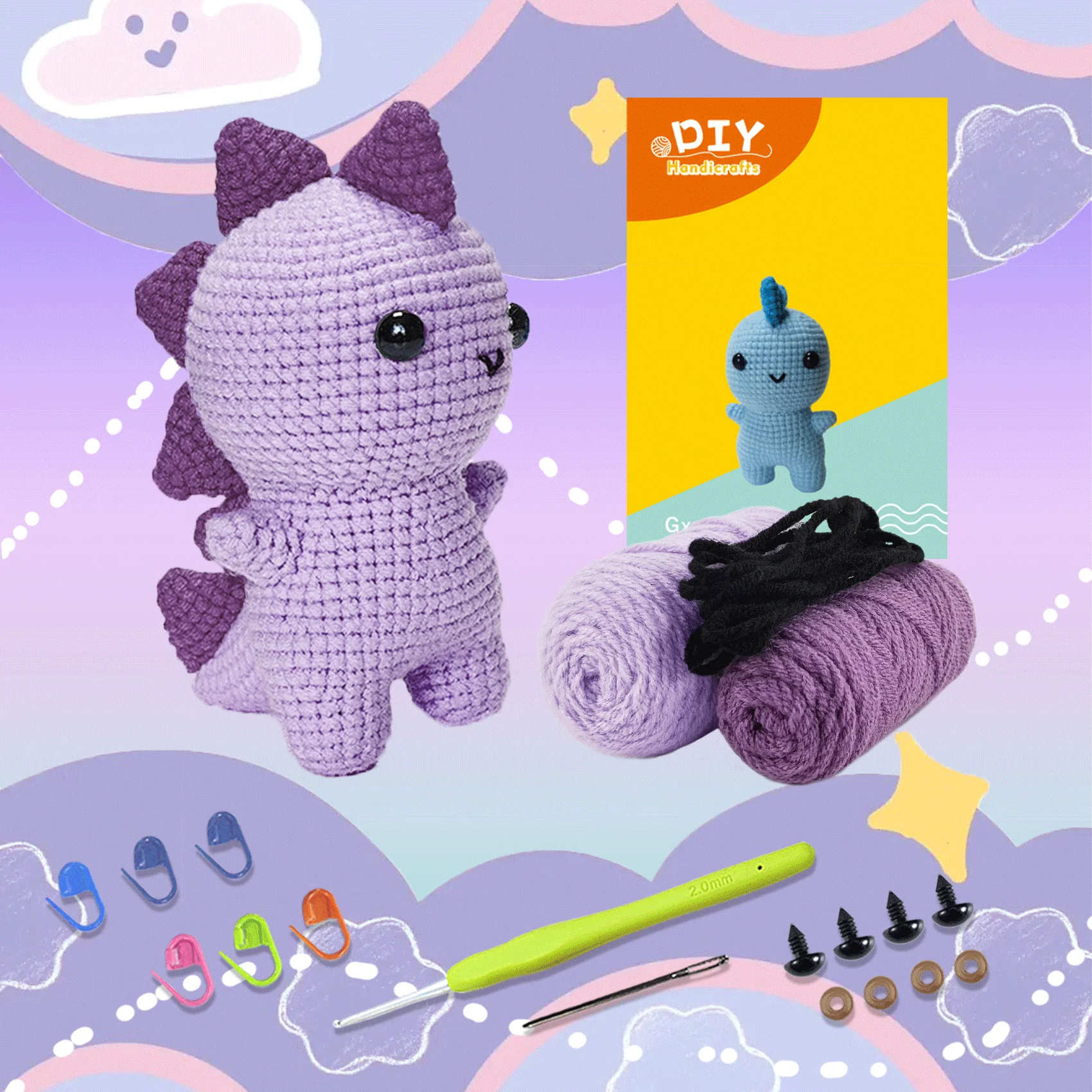 DIY Crochet Kit for Beginners - Purple Dinosaur Amigurumi Starter Set with Yarn, Hook and Safety Eyes